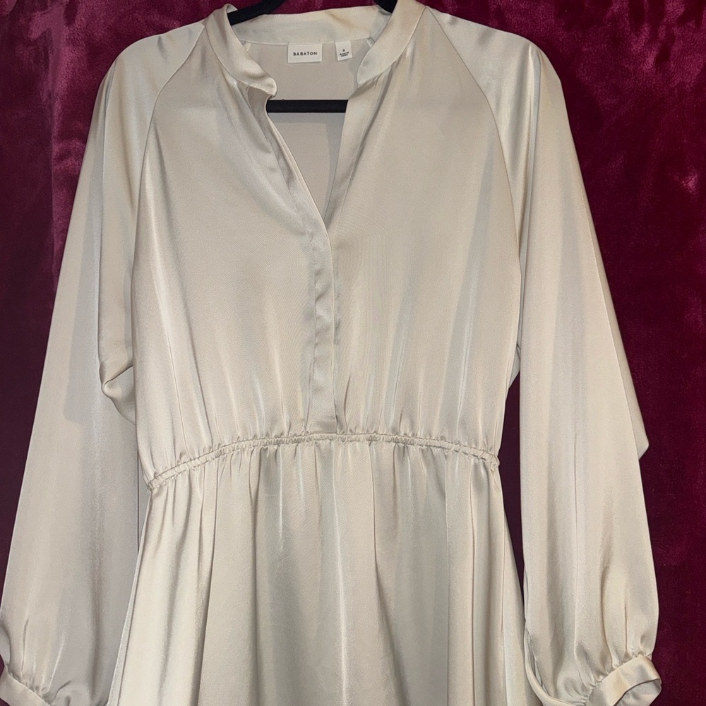 Aritzia Babaton Silk Look Mini Dress Champagne Elastic Waist Long Sleeve Sm